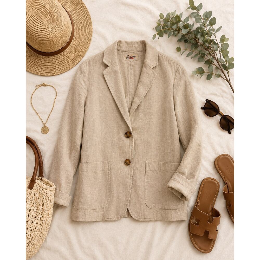 Faherty 100% Linen Utility Blazer Jacket Neutral Beige Approx Medium Pockets